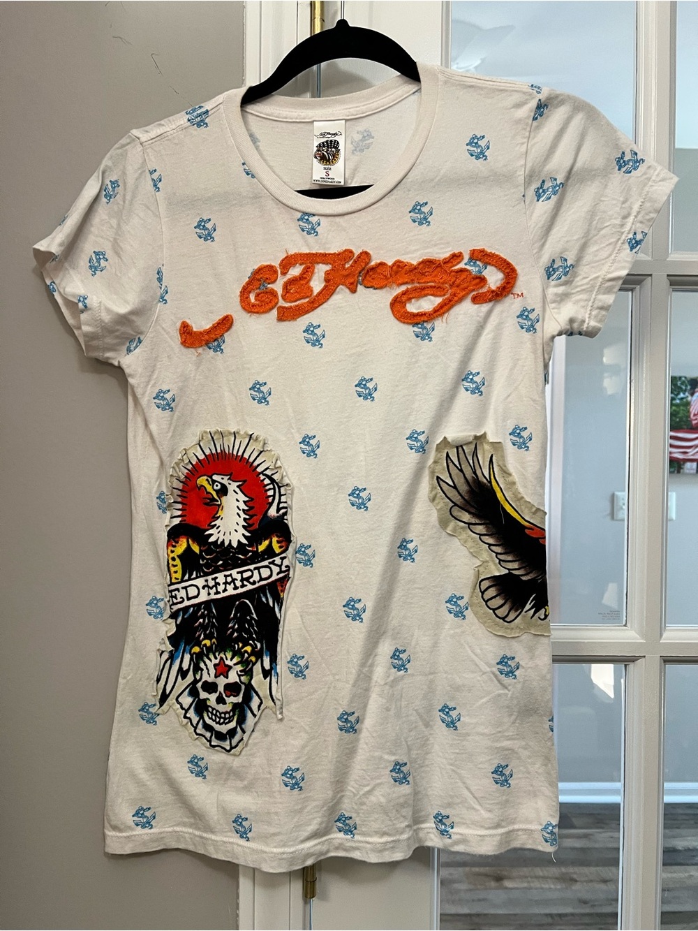 Ed Hardy womens White Graphic Tee with Orange Logo Sz S EUC